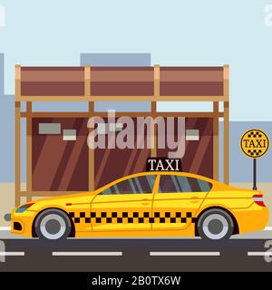 Taxi flat poster - taxi car on taxi stop. Vector illustration Stock Vector