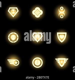 Shining superhero emblem, logo or icons on black backdrop. Vector illustration Stock Vector