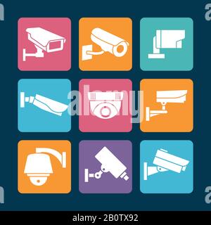 Security cameras white icons on colorful backdrop. Camera security symbol, vector illustration Stock Vector