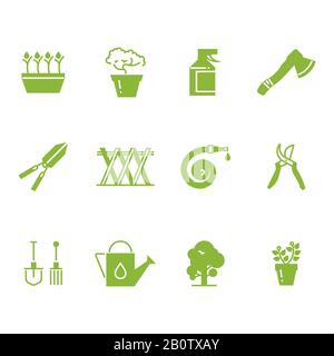 Green gardening tools and accessories icons set. Watering and tools for gardening, vector illustration Stock Vector