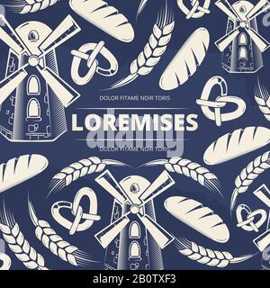 Bakery background poster with mill, wheat, bread and dumplings. Vector illustration Stock Vector