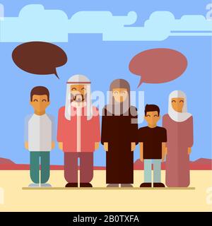 Flat arabic family social concept design. Vector arabic people illustration Stock Vector