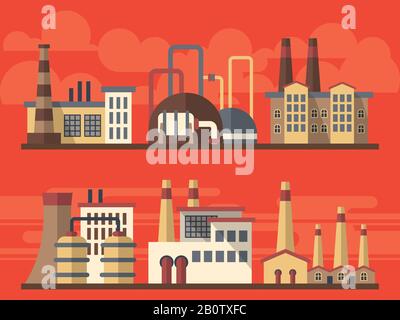 Flat industrial factory landsapes on bright background. Building factory, vector illustration Stock Vector