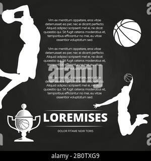 Basketball tournament blackboard background with athlete silhouettes, ball and goblet. Vector illustration Stock Vector