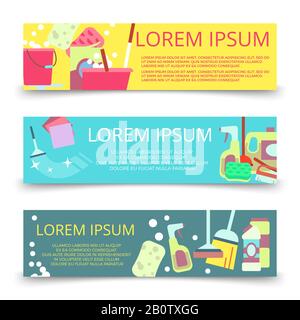 Cleaning service banners template with flat style cleaning accessorises. Vector illustration Stock Vector