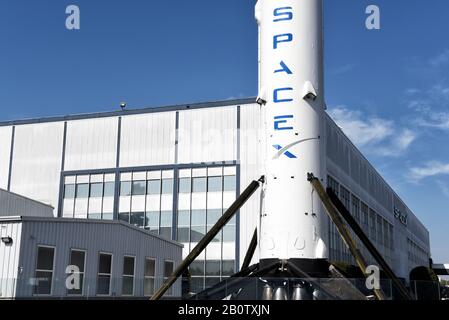 HAWTHORNE, CALIFORNIA - 17 FEB 2020: Closeup of a Falcon 9 Booster rocket at Space Exploration Technologies Corp, trading as SpaceX, a private America Stock Photo