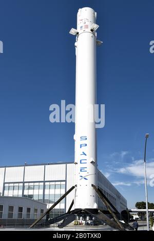 HAWTHORNE, CALIFORNIA - 17 FEB 2020: A Falcon 9 Booster rocket at Space Exploration Technologies Corp, trading as SpaceX, a private American aerospace Stock Photo