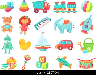 Kids cartoon toys. Baby doll, train on railway, ball, cars, boat, boys and girls fun isolated plastic toy vector collection Stock Vector