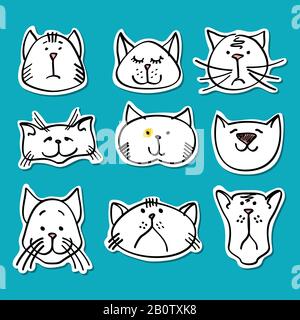 Cute doodle cats stickers collection. Set of white cats. Vector illustration Stock Vector