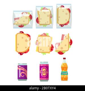 Fast food dinner set - sandwiches and drinks. Hamburger lunch. Vector illustration Stock Vector