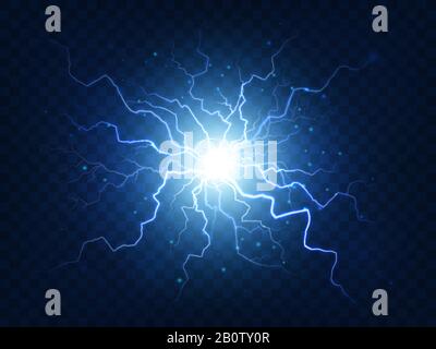 Electric power explosion with electrical flash, sparks and blue lightnings. Sphere lightning energy discharge isolated vector Stock Vector