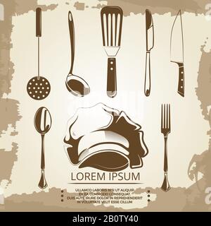 Vintage elements for cafe or restaurant labels, background, banners on grunge background. Element of kitchen tools illustration Stock Vector