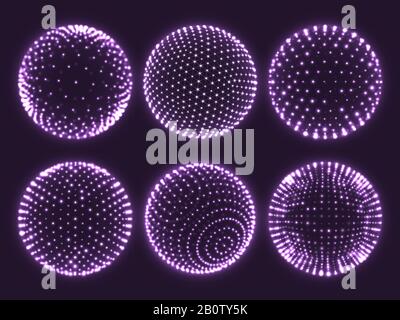 Geometry grid 3d sphere, atom orb, science chart of particles or virtual reality ball icon. Abstract spheres vector set Stock Vector