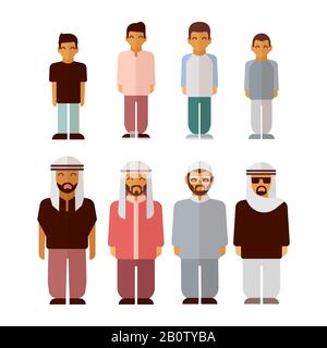 Flat arabic boys and men isolated on white background. Arabic people characters, vector illustration Stock Vector