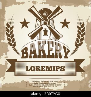 Vintage bakery poster design - bakery label with mill and wheat. Banner bakery vector illustration Stock Vector