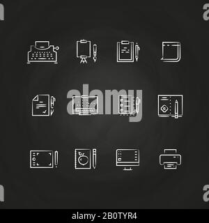 Writing tools line icons on chalkboard design. Equipment for writing. Vector illustration Stock Vector