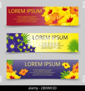 Tropical leaves and flowers banners template. Poster with tropical flowers. Vector illustration Stock Vector