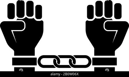 Handcuffed hands Chained human arms Prisoner concept Manacles on man Detention idea Fetters confine Shackles on person icon black color vector Stock Vector