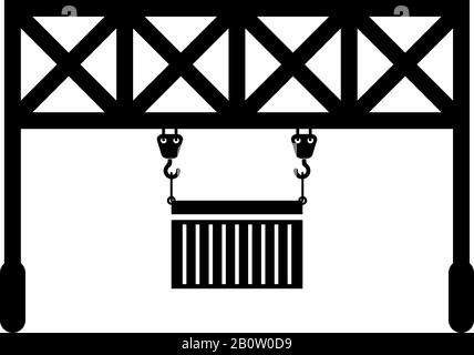 Port loader Railway crane with cargo container Lifting goods Logistic technology Terminal service icon black color vector illustration flat style Stock Vector