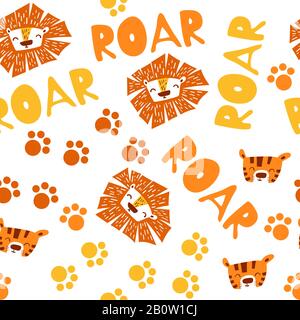 Seamless pattern with cute lion and tiger faces isolated on white background. Flat vector illustration. Stock Vector