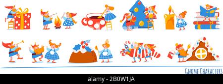 Big set of vector gnome characters doing different activities. Stock Vector