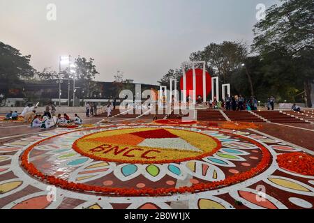 Dhaka, Bangladesh - February 21, 2020: The altar of the Central Shaheed Minar in Dhaka is decorated with flowers as the nation pays tribute of respect Stock Photo