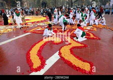 Dhaka, Bangladesh - February 21, 2020: The altar of the Central Shaheed Minar in Dhaka is decorated with flowers as the nation pays tribute of respect Stock Photo