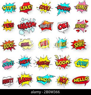 Bang, ouch shouts and yeah shouting text bubble with halftone pattern shadow. Pop art retro style shout speech bubbles vector set Stock Vector
