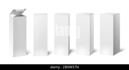 High white cardboard box mockup. Set of cosmetic or medical packaging, paper boxes. Vector illustration Stock Vector