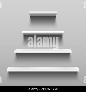 Simply shelves on white wall for indoor interior design. Retail 3d shelf with shadow vector set Stock Vector