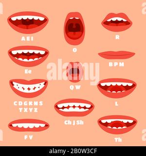Cartoon talking mouth and lips expressions vector animations poses isolated  on transparent background. Mouth talk, animation movement practice, englis  Stock Vector Image & Art - Alamy