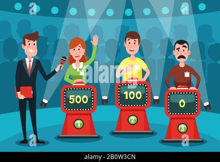 Young people guessing quiz questions. Intellectual game show studio with buttons on stands vector illustration Stock Vector
