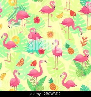 Exotic pink flamingos, tropical plants and jungle flowers monstera and palm leaves. Tropic flamingo cartoon seamless vector background pattern Stock Vector