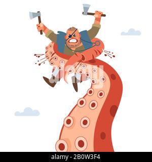 Pirate sailor bravely fights with a giant sea monster octopus. Angry pirate Cuts off octopus tentacles. vector illustration of flat cartoon on white Stock Vector