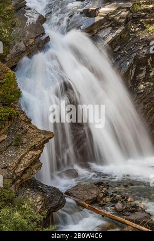 Toboggan Falls, a cascade carving the limestone bedrock, in Mount Robson Provincial Park, British Columbia, Canada Stock Photo