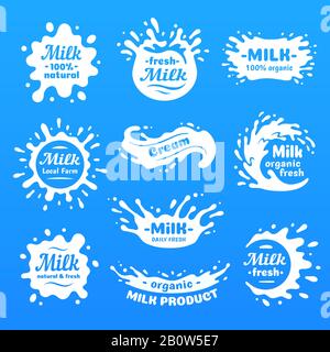 Cow milk splashes with letters. Isolated milks splash for health food store, dairy logo vector label Stock Vector