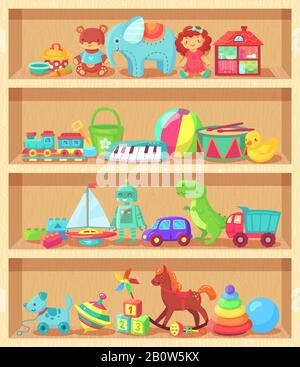 Cartoon toys on wood shelves. Funny animal baby piano girl doll and plush bear. Kids toy shopping shelf vector collection Stock Vector