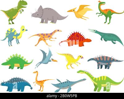 Cute baby dinosaur. Dinosaurs dragon and funny dino character. Fantasy cartoon dinosaurs vector illustration set Stock Vector