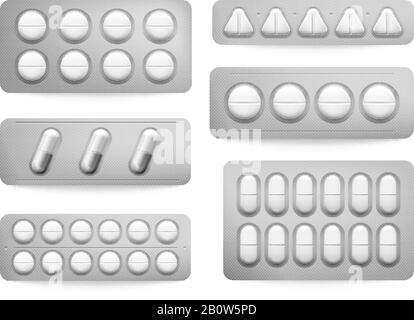 Realistic 3d drugs blister packaging. Medicine painkiller pills Pack.  Illustration of chemical tablet vitamin or painkiller in blister isolated  on Stock Vector Image & Art - Alamy