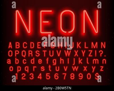 Bar or Casino glowing sign elements. Red neon letters and numbers with fluorescent light vector illustration Stock Vector