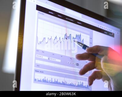Stock broker analysing the performance of a company stock on the internet. Stock Photo