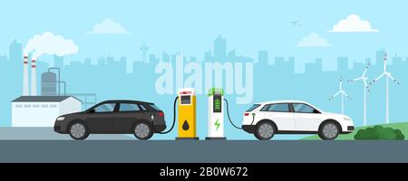 Gasoline car refuel and electric car charge at the station, refinery and wint turbines in the background, automotive technology and green energy conce Stock Vector