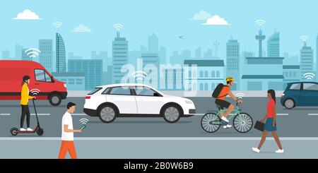 Smart transportation, driverless cars and people connecting in the city street, smart city concept Stock Vector