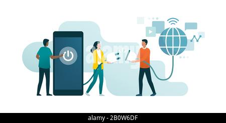 Happy people disconnecting and doing a digital detox, they are unplugging the phone and being offline Stock Vector