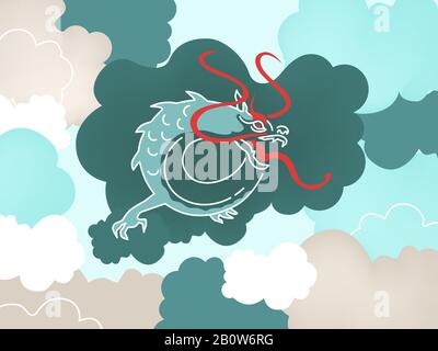 Vector Illustration in oriental style, cartoon, poster, banner. Chinese dragon in the sky with blue clouds on green background. Abstract painting abou Stock Vector