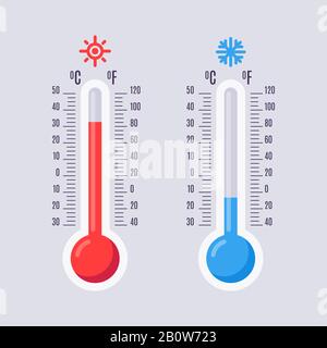Flat thermometers. Hot and cold mercury thermometer with fahrenheit and celsius scales. Warm and cool temperature vector icons Stock Vector