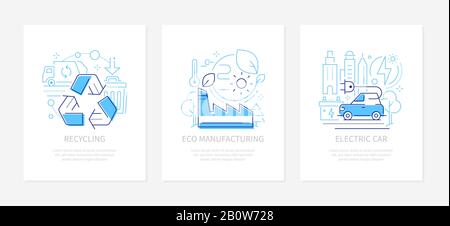 Ecology concept - vector line design style banners set with place for text. Recycling, eco manufacturing, electric car linear illustrations. Green mac Stock Vector