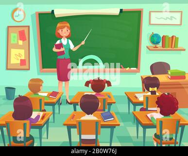 Classroom with kids. Teacher or professor teaches students in elementary school class. Student learn on lessons vector illustration Stock Vector