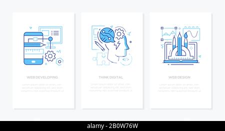 Think digital - vector line design style banners set with place for text. Web developing and design ideas. Linear illustrations with icons. Mobile app Stock Vector