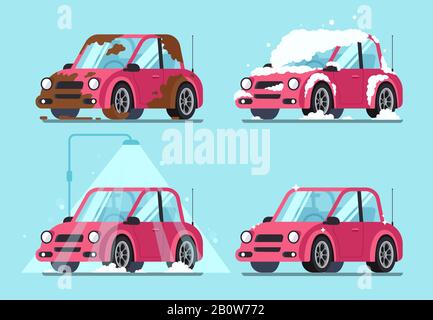 Washing dirty car. Steps of cleaning cars from muddy and dirt covered to clean and shiny vector illustration Stock Vector